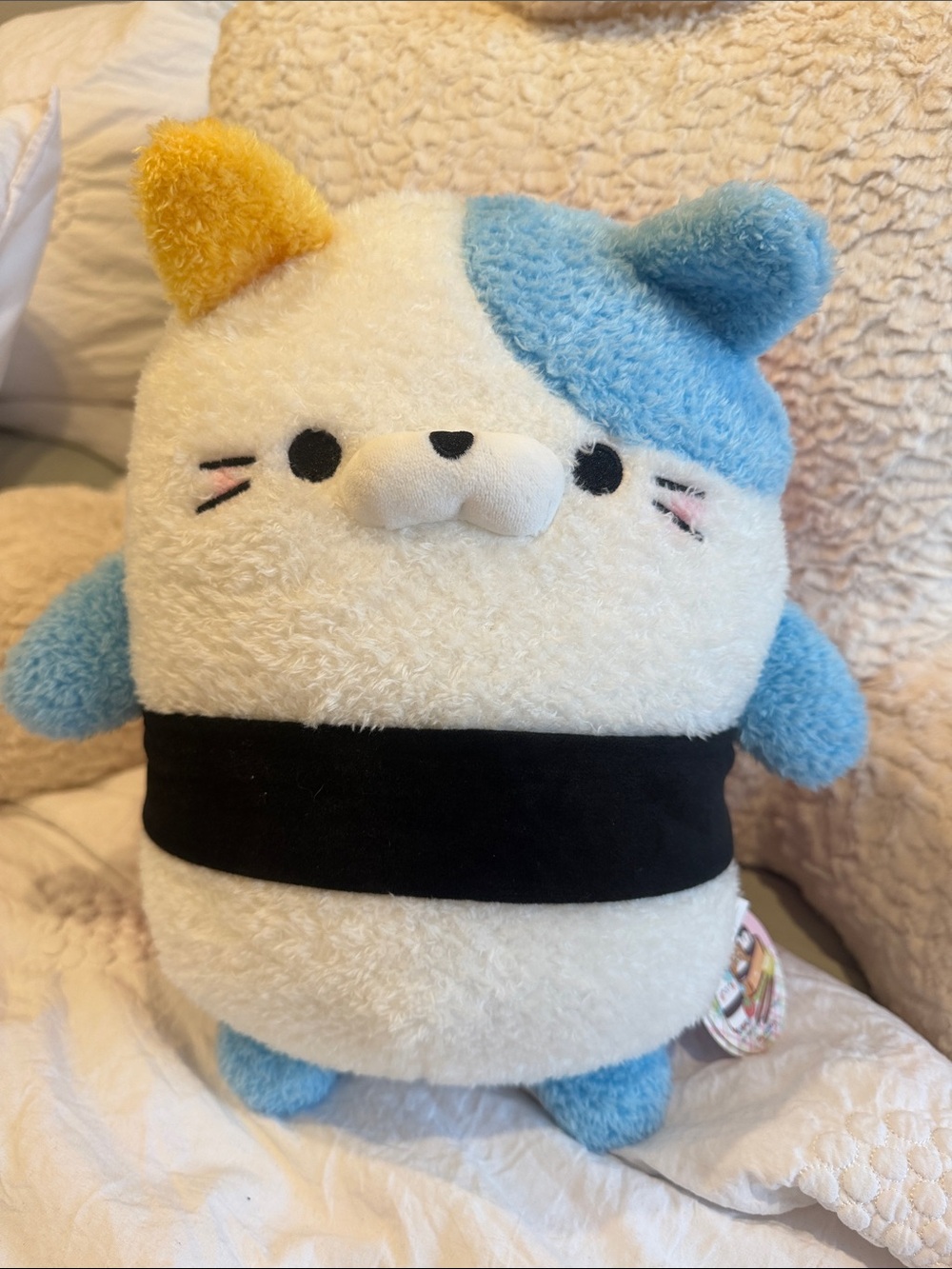 Plush Cat Buddy in White, Blue & Yellow - Cozy Stuffed Animal